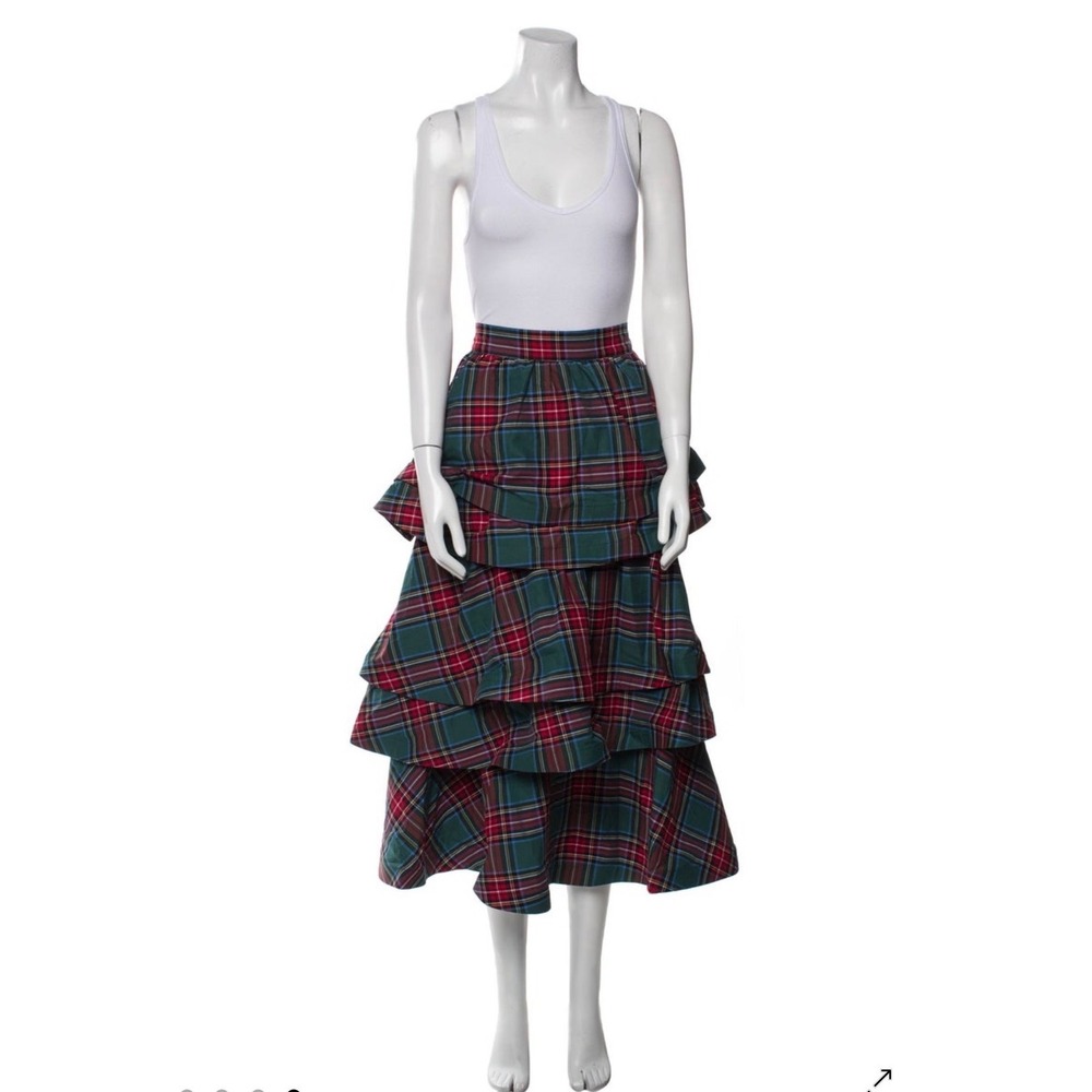 BURU Plaid Tiered Ruffle Midi Skirt XL Green Red Tartan Holiday Festive Lining